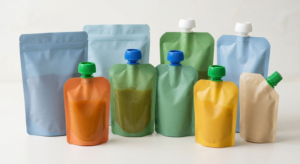 Unbranded baby food spout pouches in multiple stand-up pouch formats