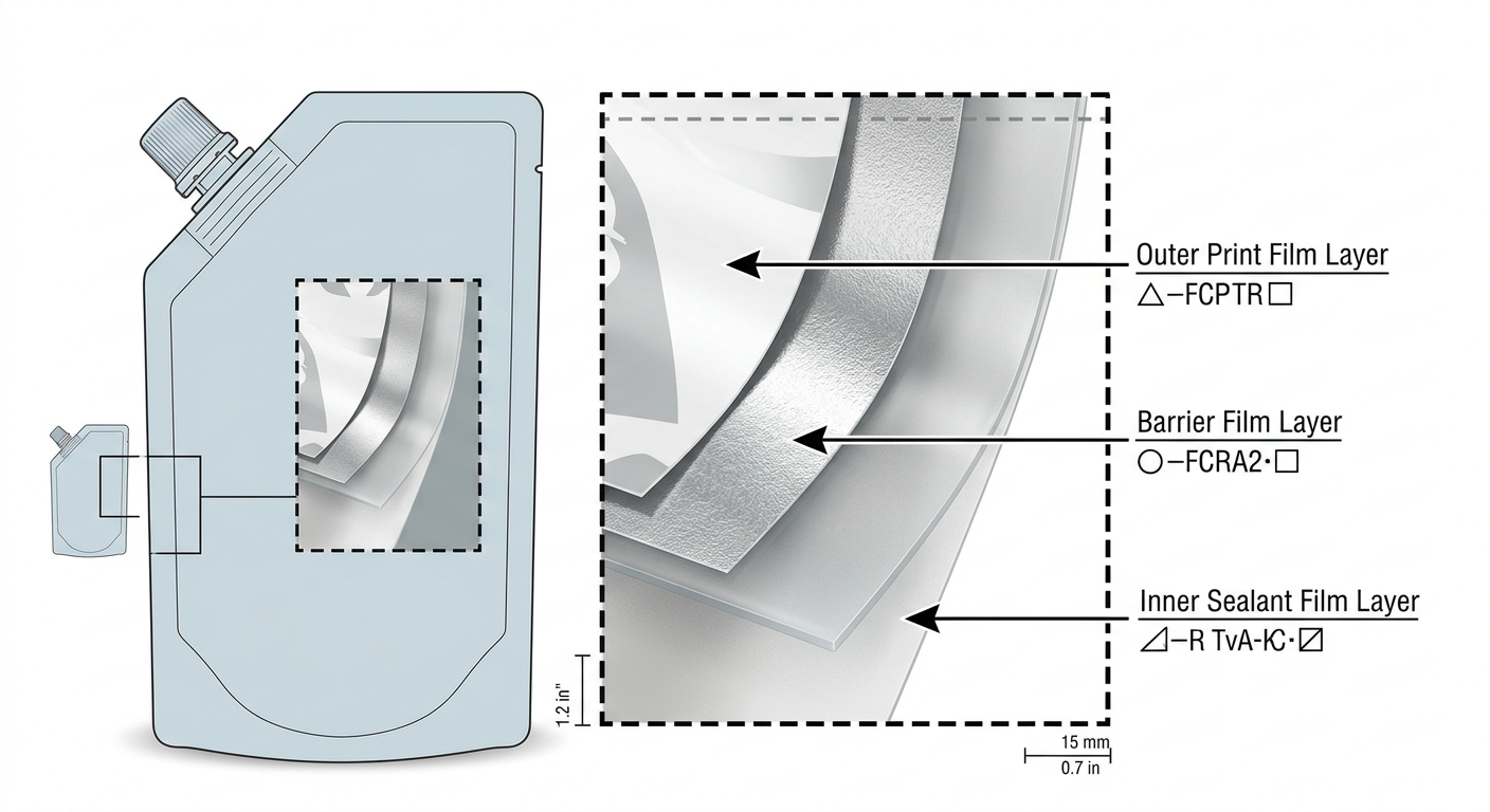 Illustration of multilayer laminate construction for a baby food spout pouch