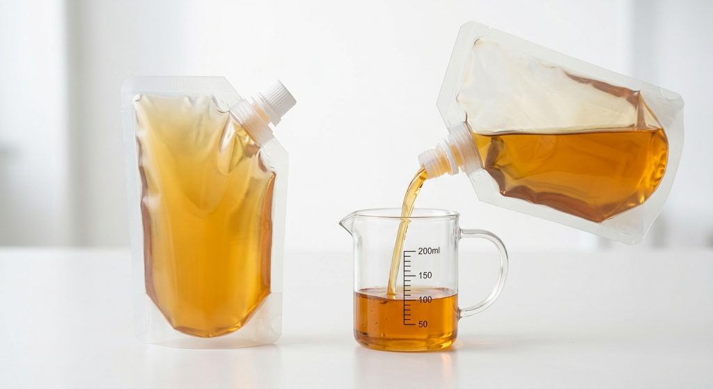 Unbranded stand-up beverage concentrate spout pouches with corner fitments