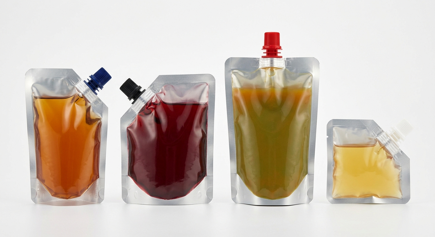 Examples of beverage concentrate spout pouch formats and fitments