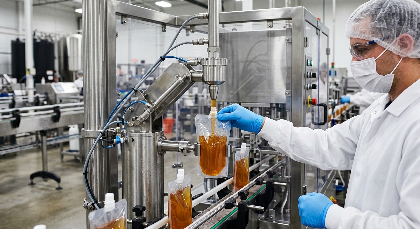 Beverage concentrate being filled into a spout pouch on a packaging line