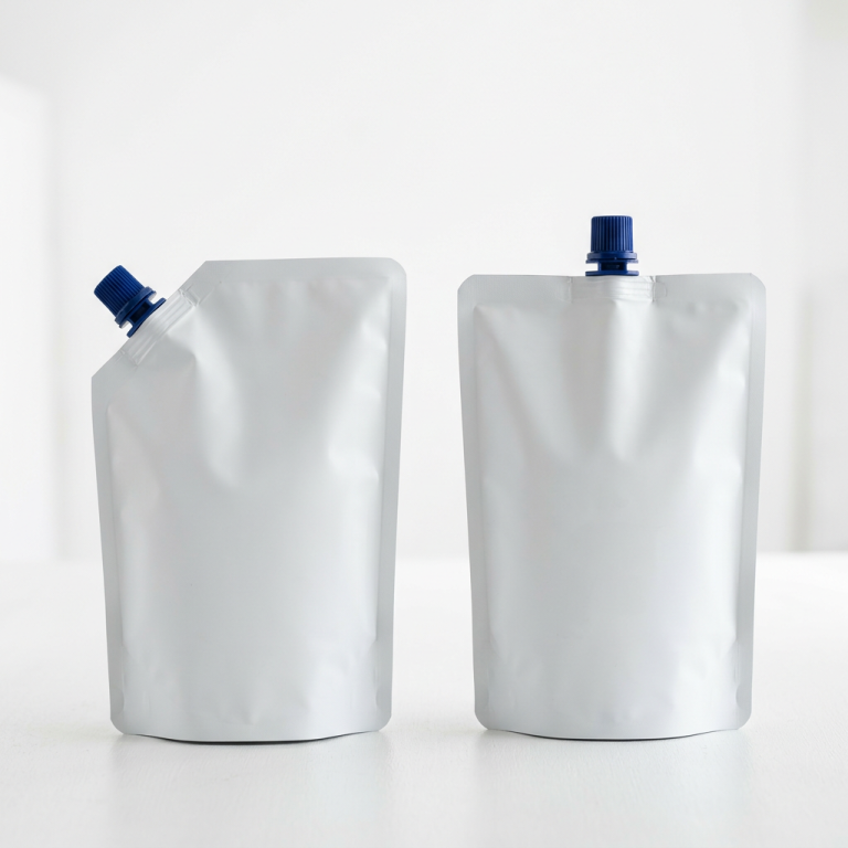 Unbranded corner spout pouch and top spout pouch shown side by side