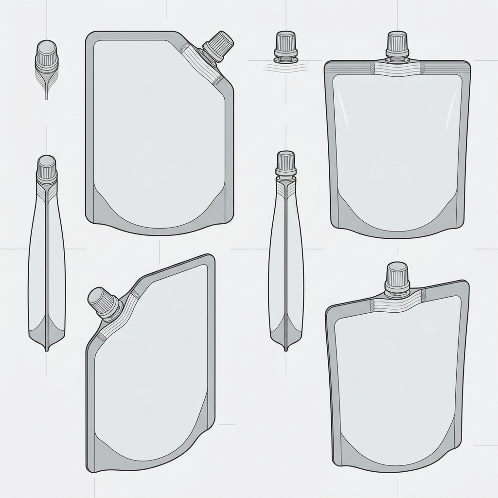 Technical illustration of corner and top spout locations on pouches