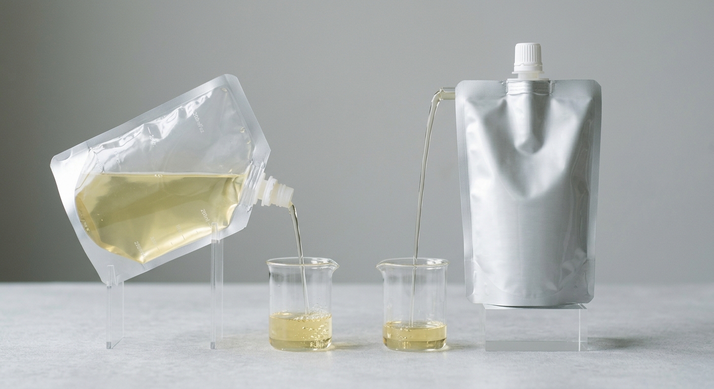 Corner and top spout pouches positioned for controlled dispensing