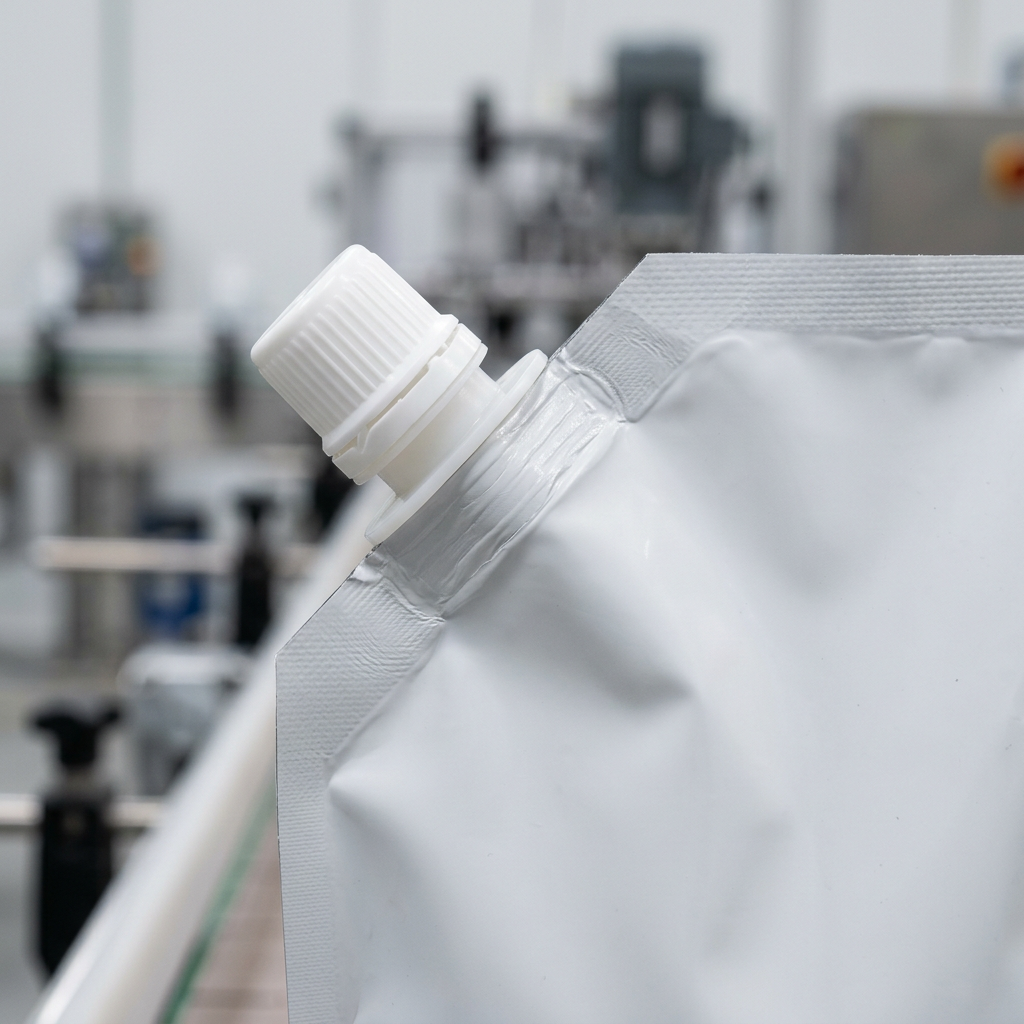 Close-up of a spout fitment sealed into laminated pouch material
