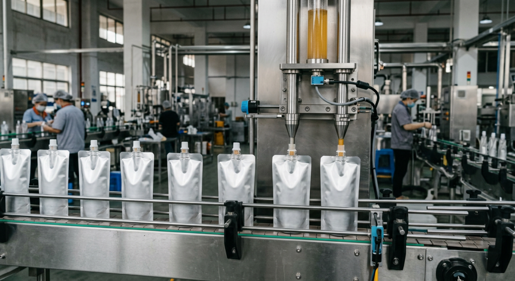 Unbranded spout pouches prepared on a hot fill packaging line