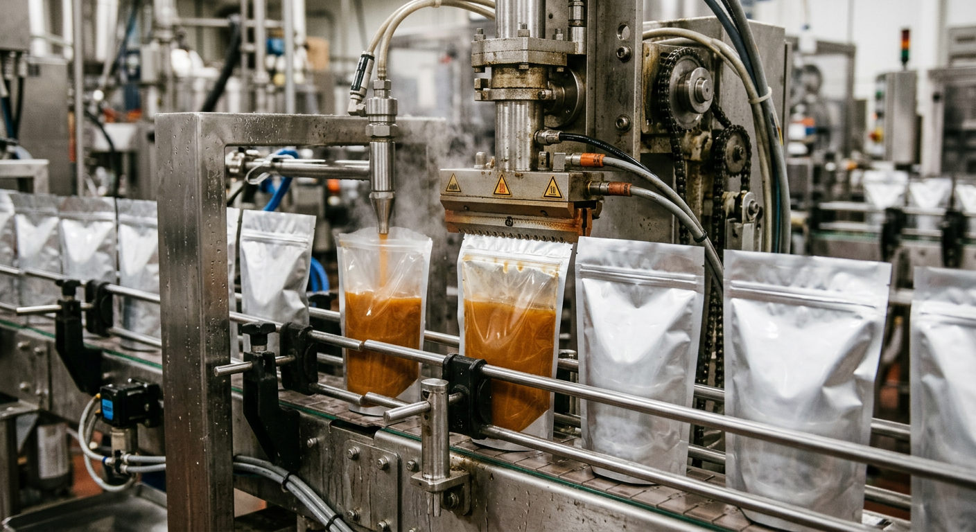 Flexible pouches at a hot filling and sealing station