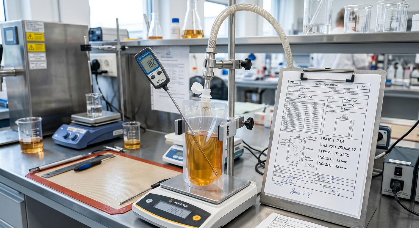 Packaging team reviewing hot fill pouch process conditions