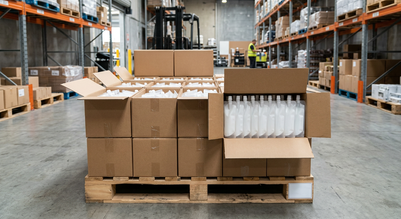 Spout pouches packed in shipping cases for distribution