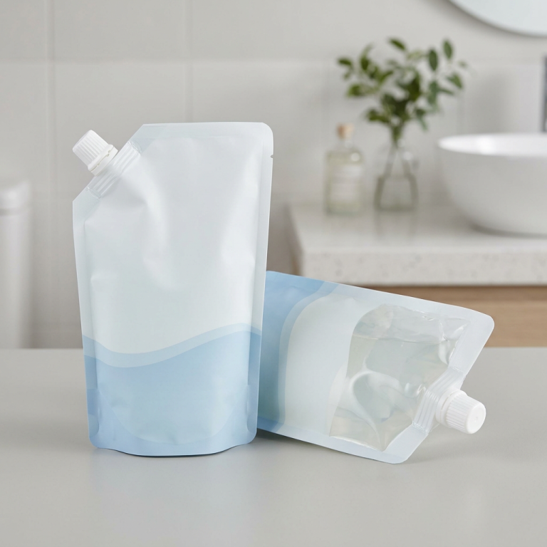 Unbranded liquid soap spout pouches with corner spouts for refill packaging