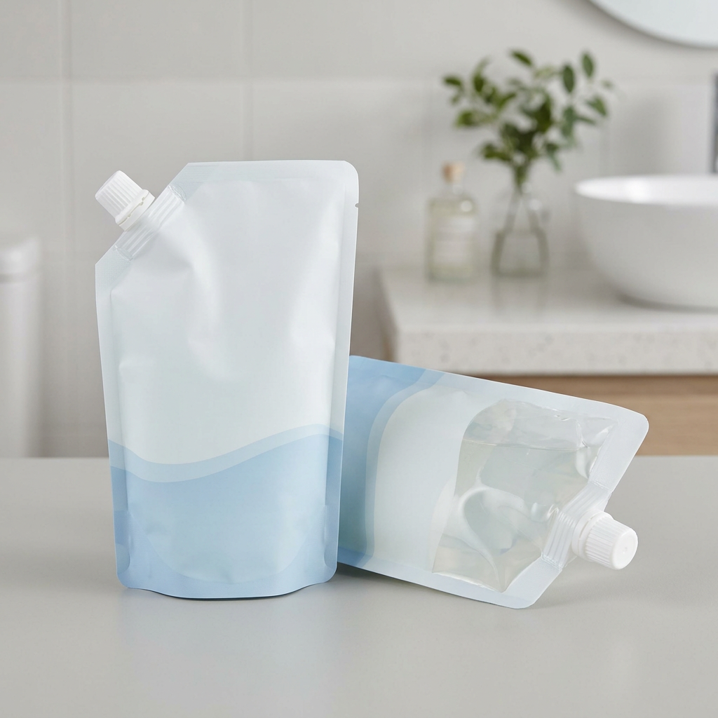 Unbranded liquid soap spout pouches with corner spouts for refill packaging