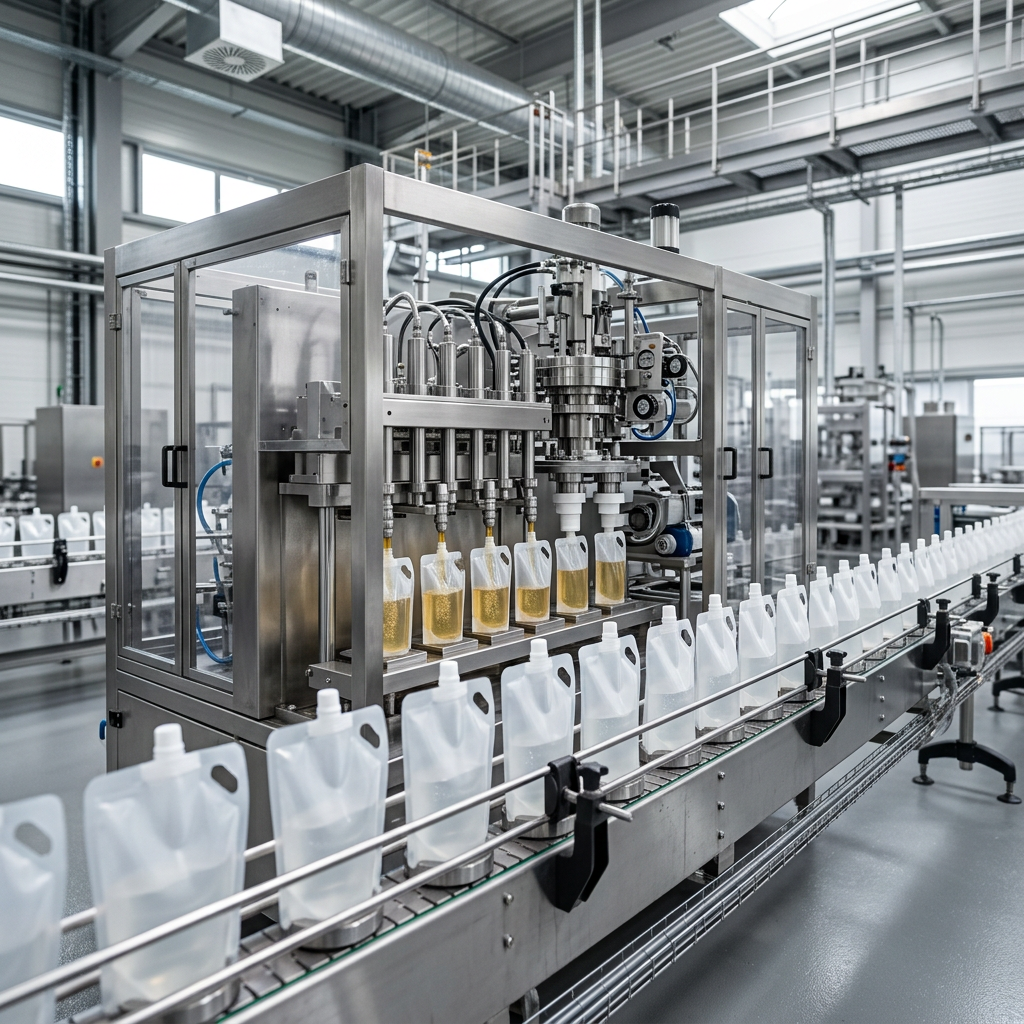 Liquid soap spout pouches on a filling and cap-application line