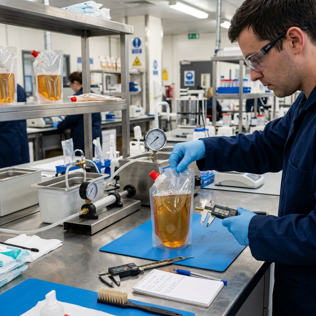 Quality inspection and leak validation of a filled liquid soap spout pouch