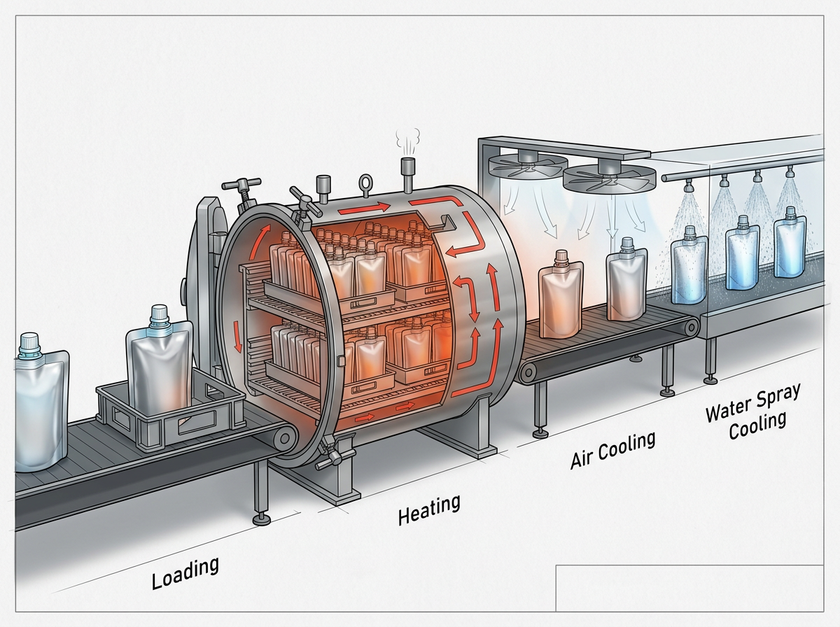 Illustration of retort processing stages for a spout pouch