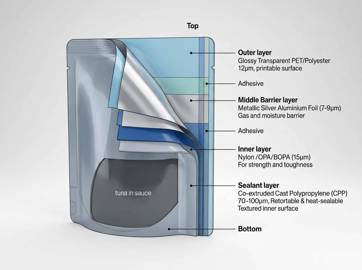 Multilayer retort pouch laminate shown in cutaway
