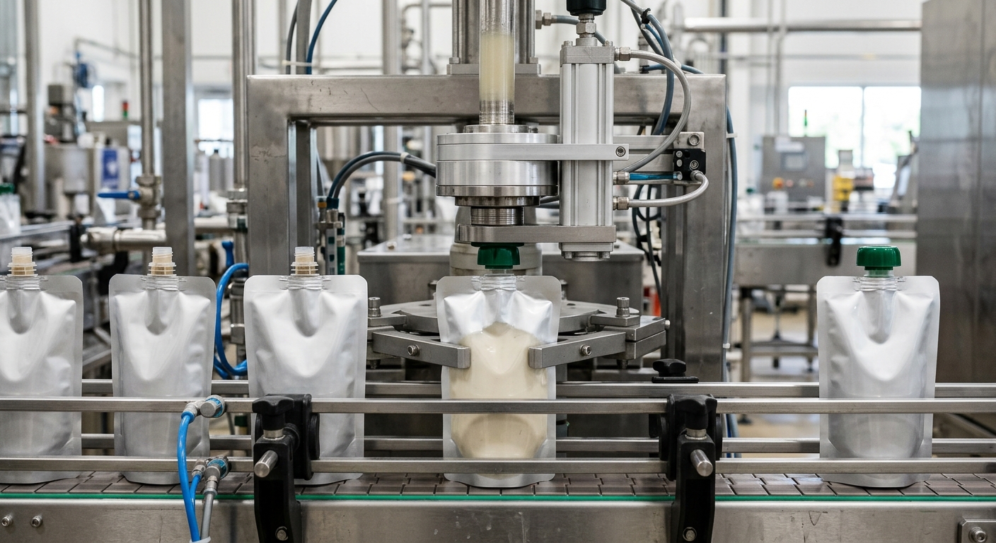 Spout pouches undergoing filling and cap validation