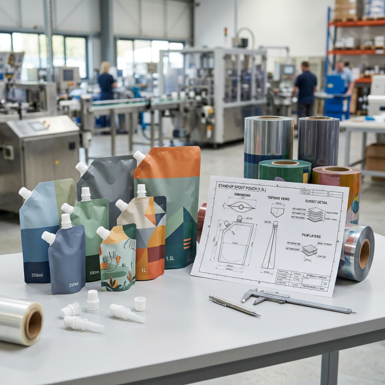 Custom spout pouches, laminate rolls, and fitments used to illustrate custom order cost factors