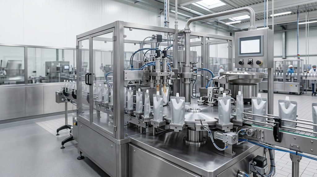Pre-made spout pouches running on an industrial filling and capping machine