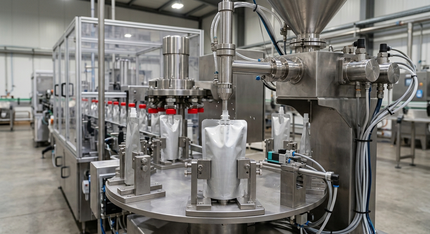 Pre-made spout pouch positioned on a filling line