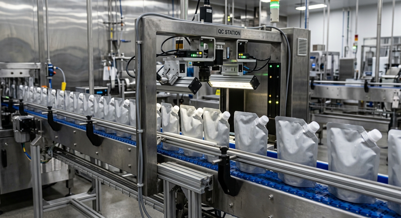 Finished capped spout pouches at a packaging inspection station