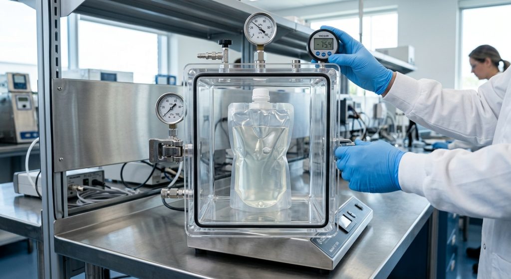 Vacuum chamber used for a spout pouch leak test