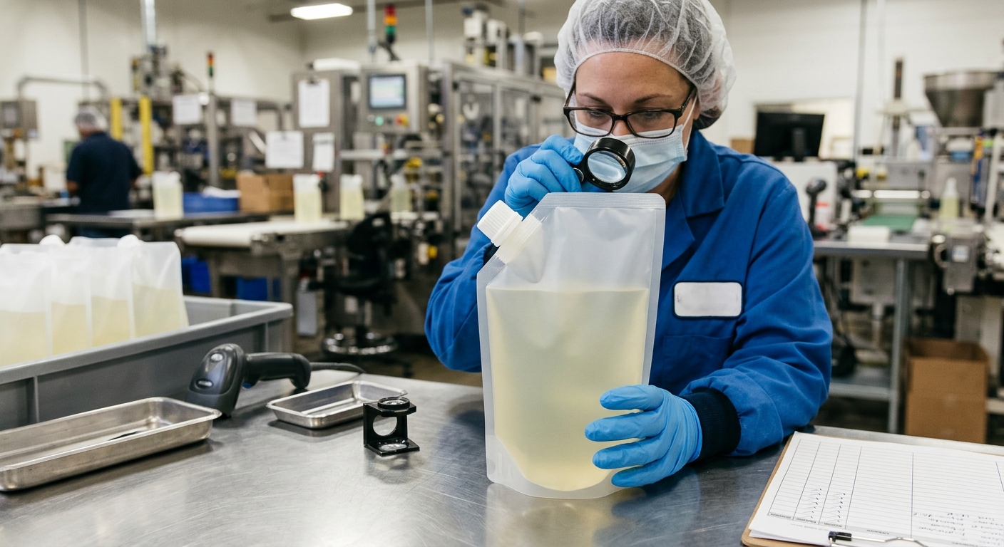 Filled spout pouch prepared for package integrity inspection