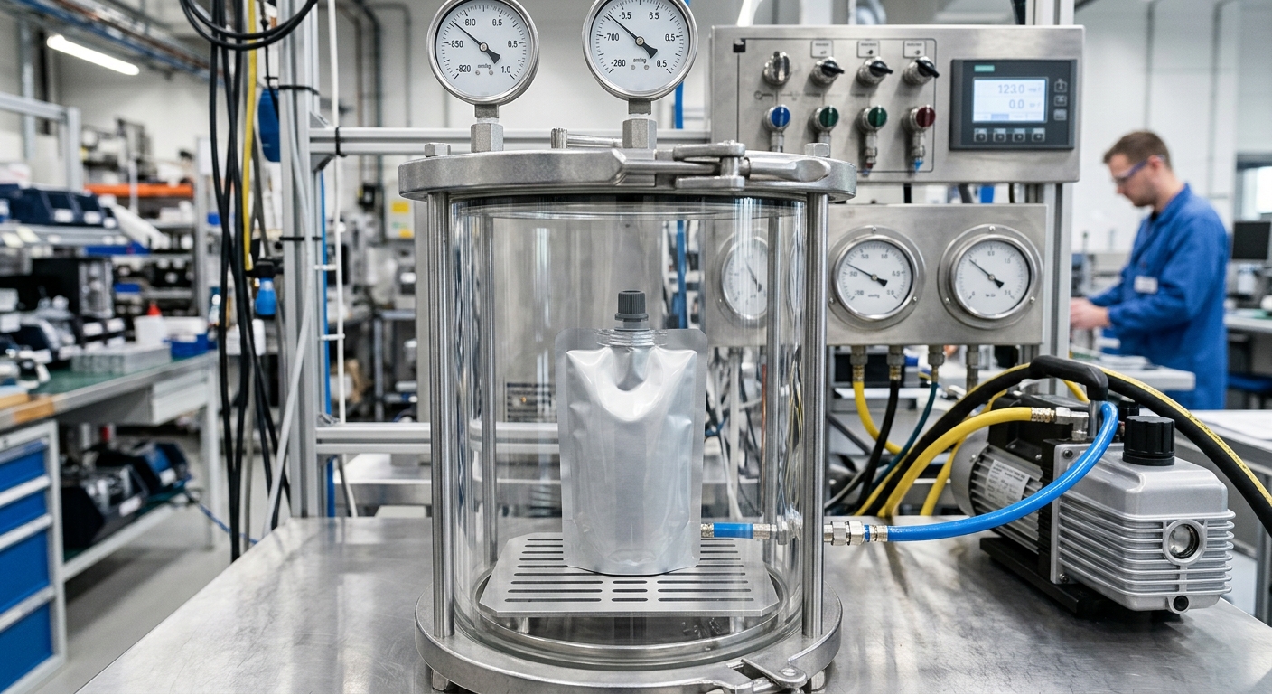Controlled vacuum leak test for a spout pouch
