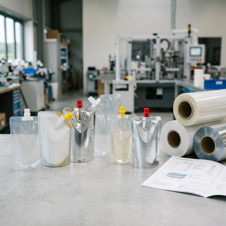 Spout pouches and flexible laminate material samples for packaging structure selection
