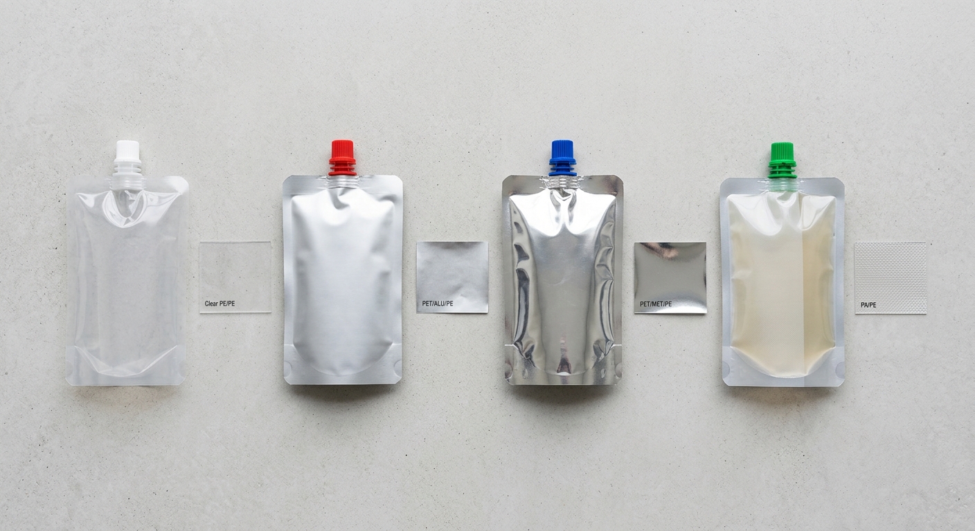 Flexible film samples representing common spout pouch laminate structures