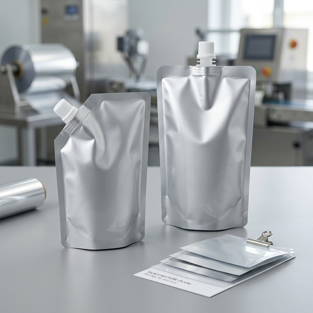 Stand-up spout pouches and layered flexible packaging film samples