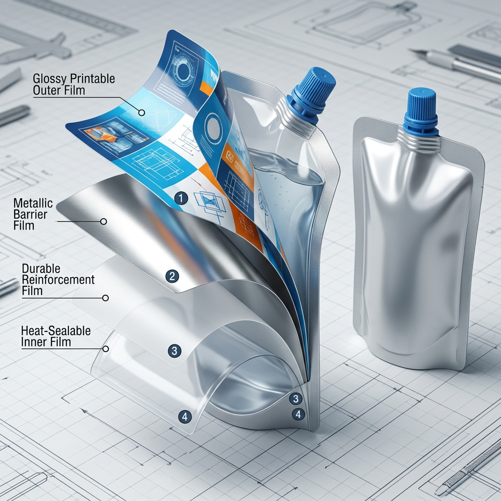 Technical cutaway showing functional layers in a spout pouch laminate