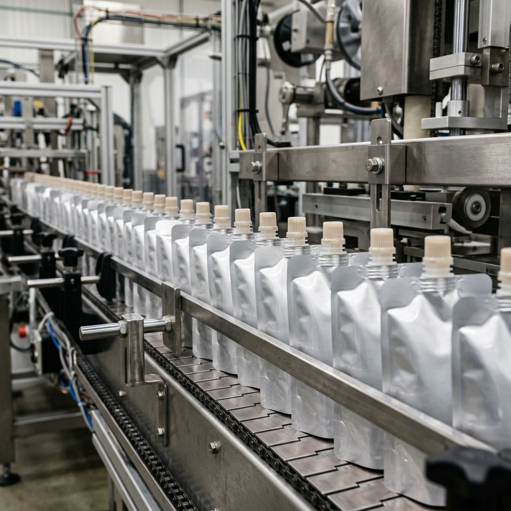 Finished spout pouches in a flexible packaging production workflow