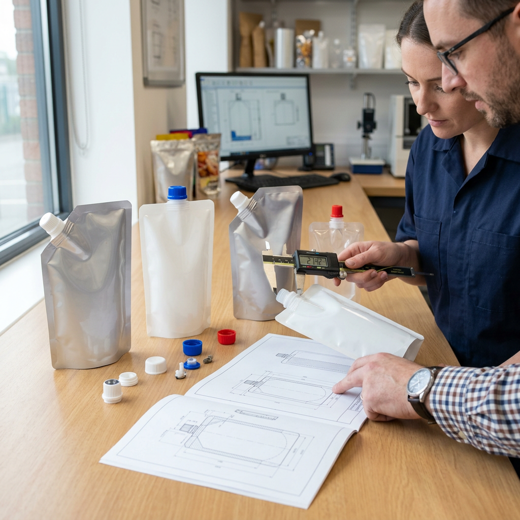 Spout pouch samples and dimensional tools used during first-order specification review