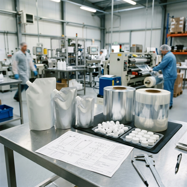 Custom spout pouches, fitments, and specification materials used for first-order MOQ planning