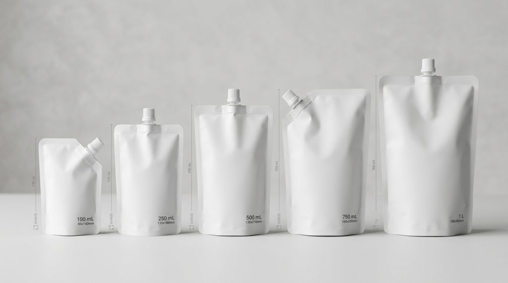 Different stand-up spout pouch sizes arranged by capacity