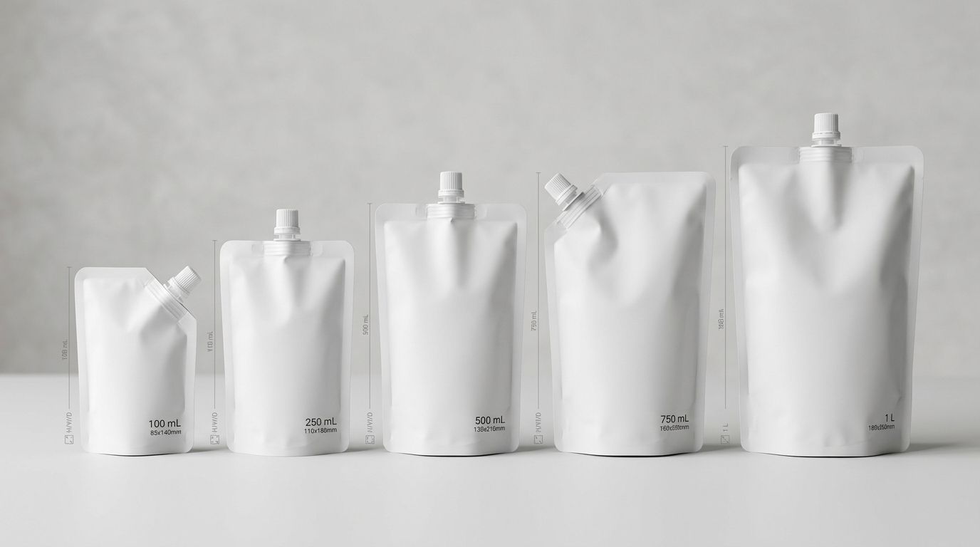 Different stand-up spout pouch sizes arranged by capacity