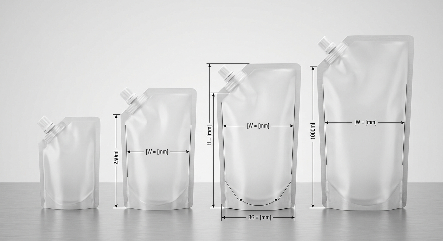 Spout pouch width, height, and gusset measurement illustration