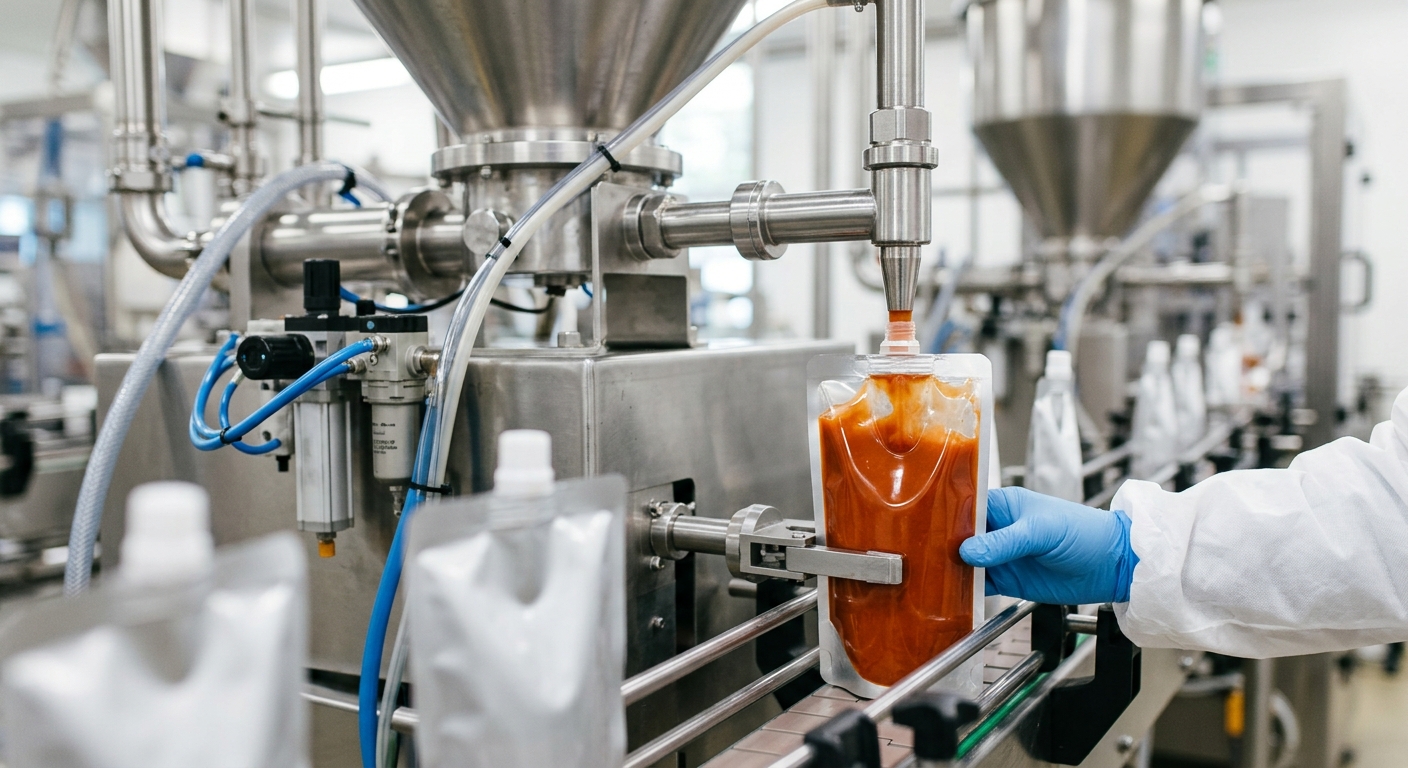 Sauce filling process for flexible spout pouches