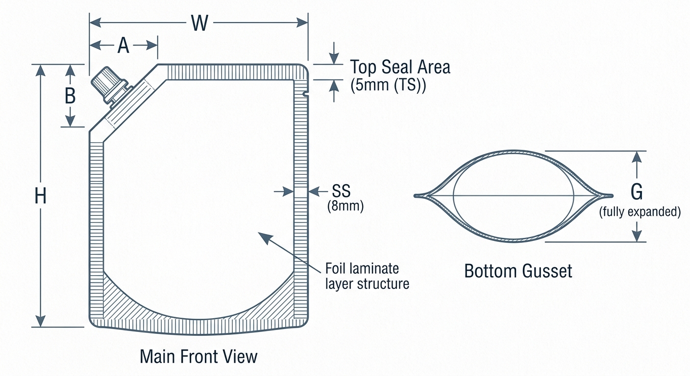 Technical dimensions of a stand-up sauce spout pouch