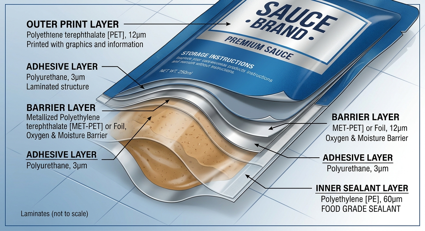 Illustration of multilayer laminate structure for a sauce pouch