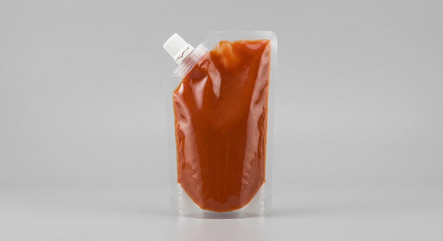 Stand-up spout pouch with corner fitment for sauce packaging