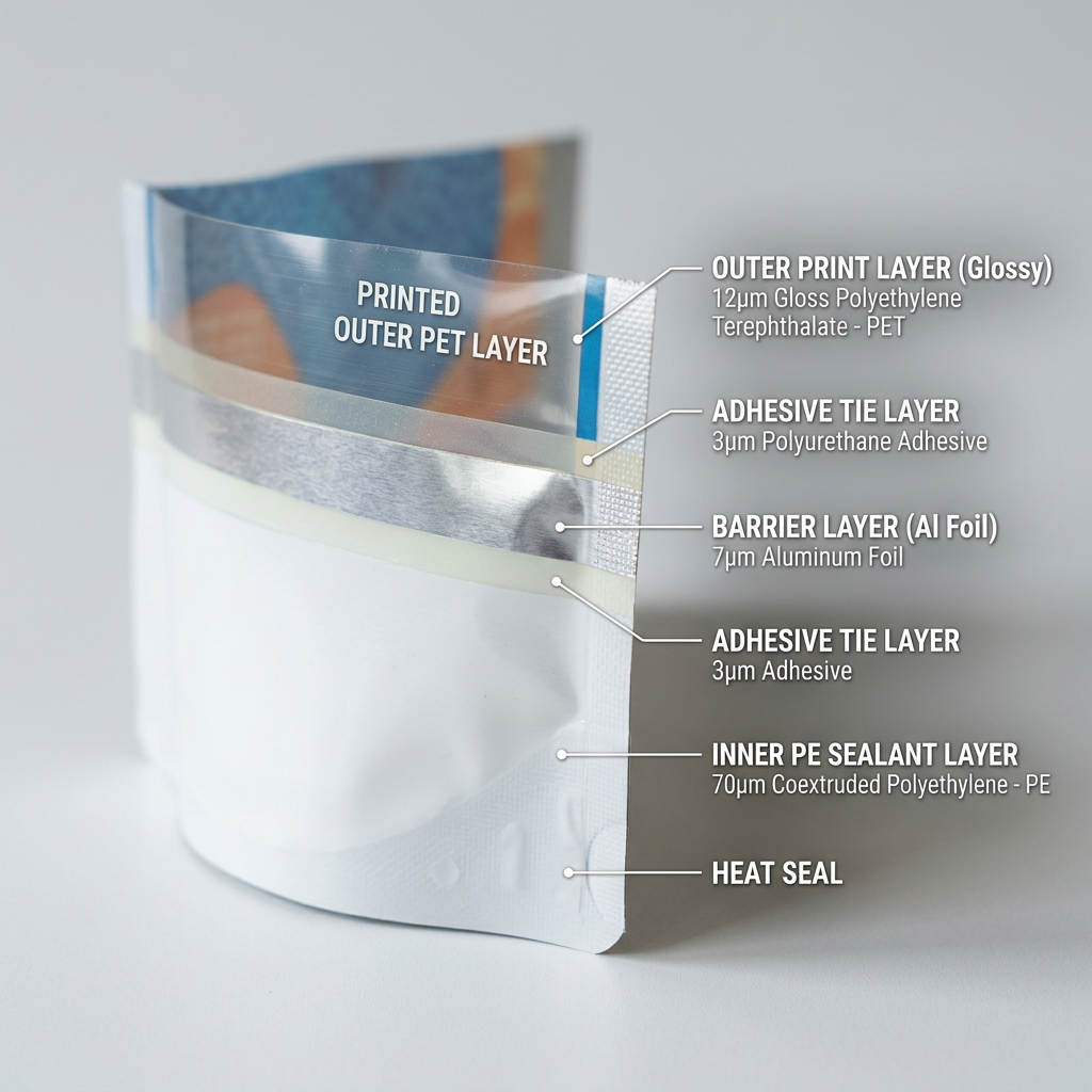Layered material structure of a food packaging pouch