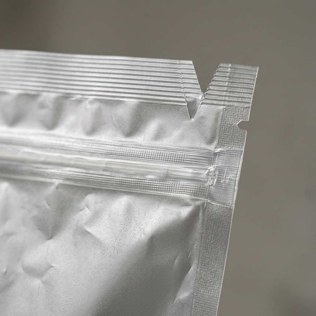 Close view of a pouch zipper, tear notch, and top seal