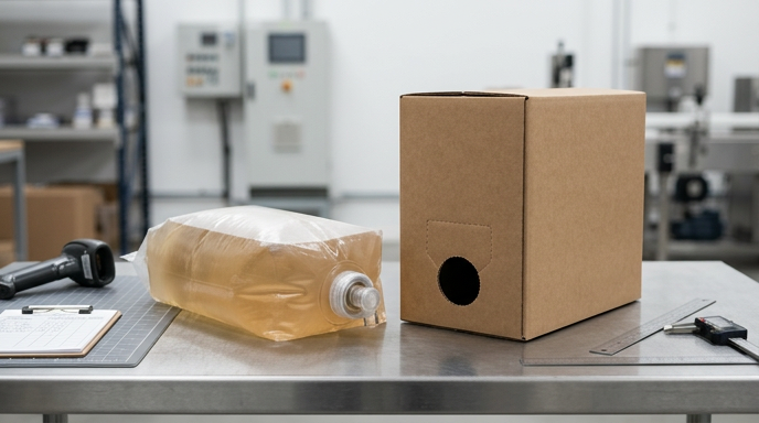 Unbranded bag-in-box liquid packaging system with flexible BIB bag and corrugated carton