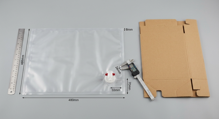 Bag-in-box bag and carton shown for dimension and fitment planning