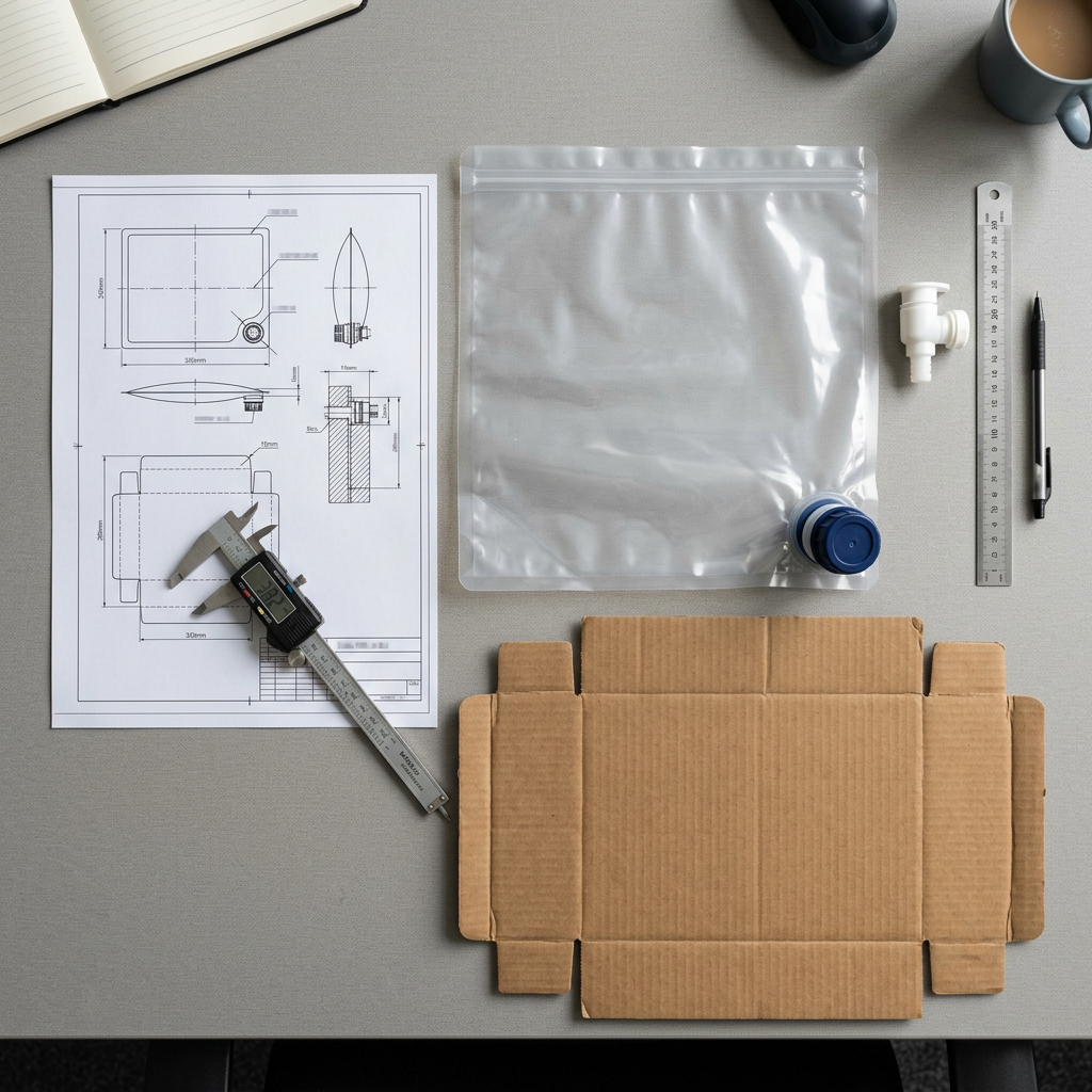 Bag-in-box bag, fitment, carton, and specification materials for an RFQ
