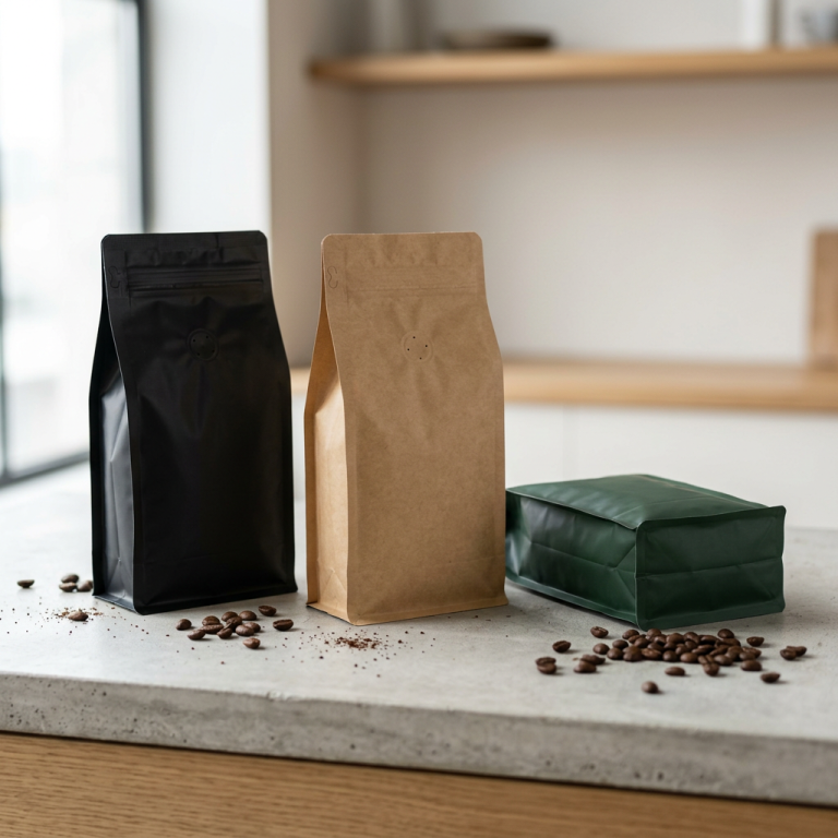 Unbranded coffee bags showing stand-up and flat-bottom flexible packaging formats