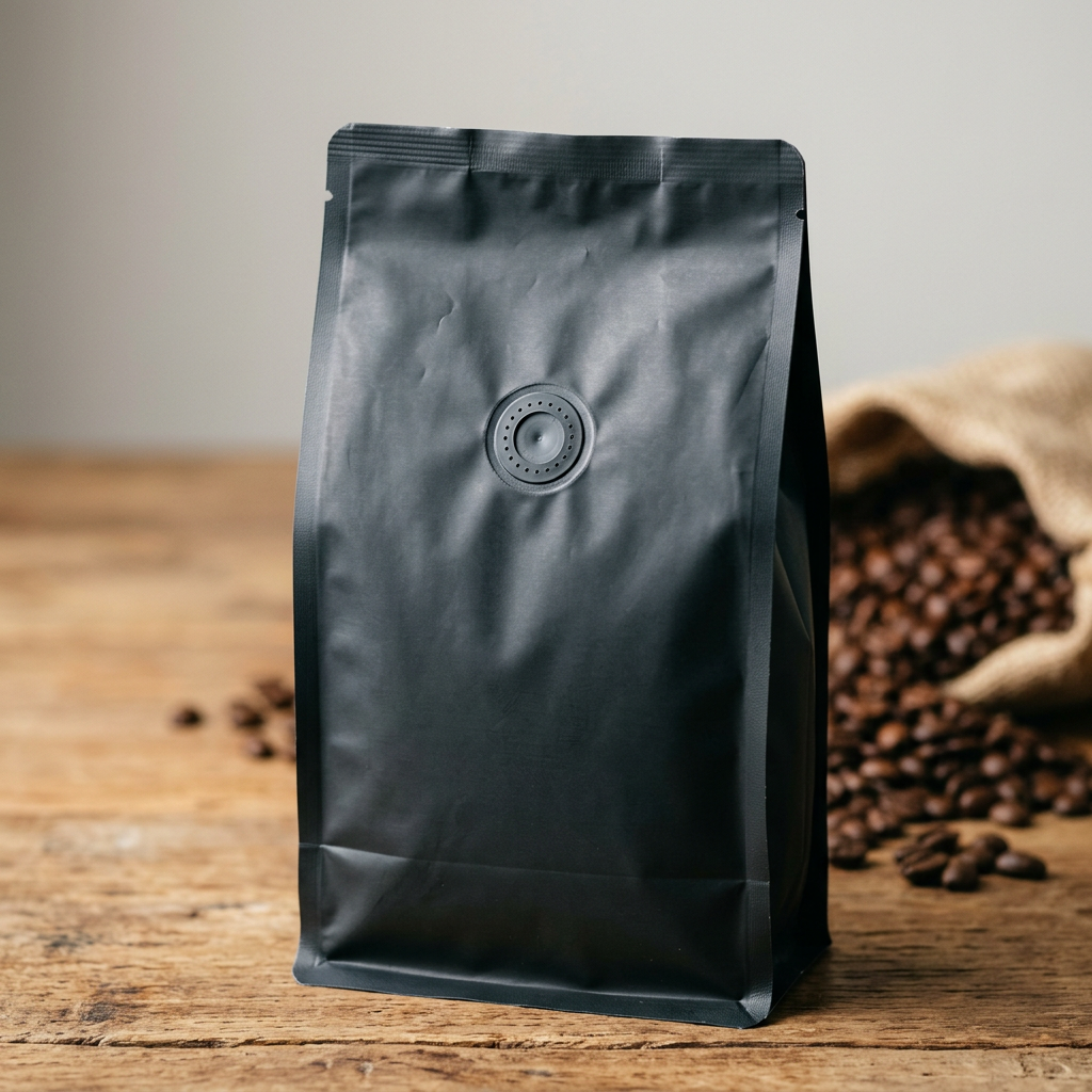 Close-up of a one-way degassing valve on a coffee pouch