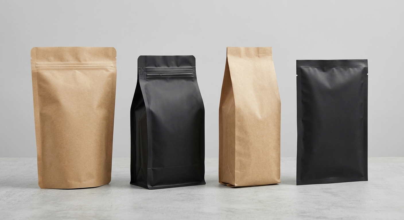 Four common flexible coffee bag formats including stand-up, flat-bottom, side-gusset, and flat pouches