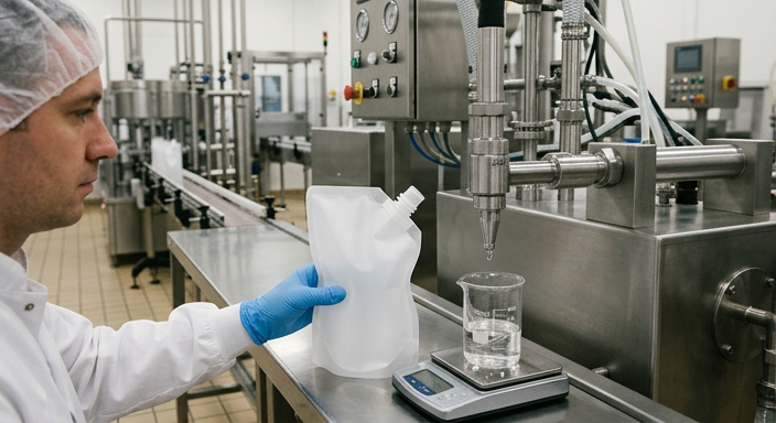 Shaped spout pouch evaluated for product filling conditions
